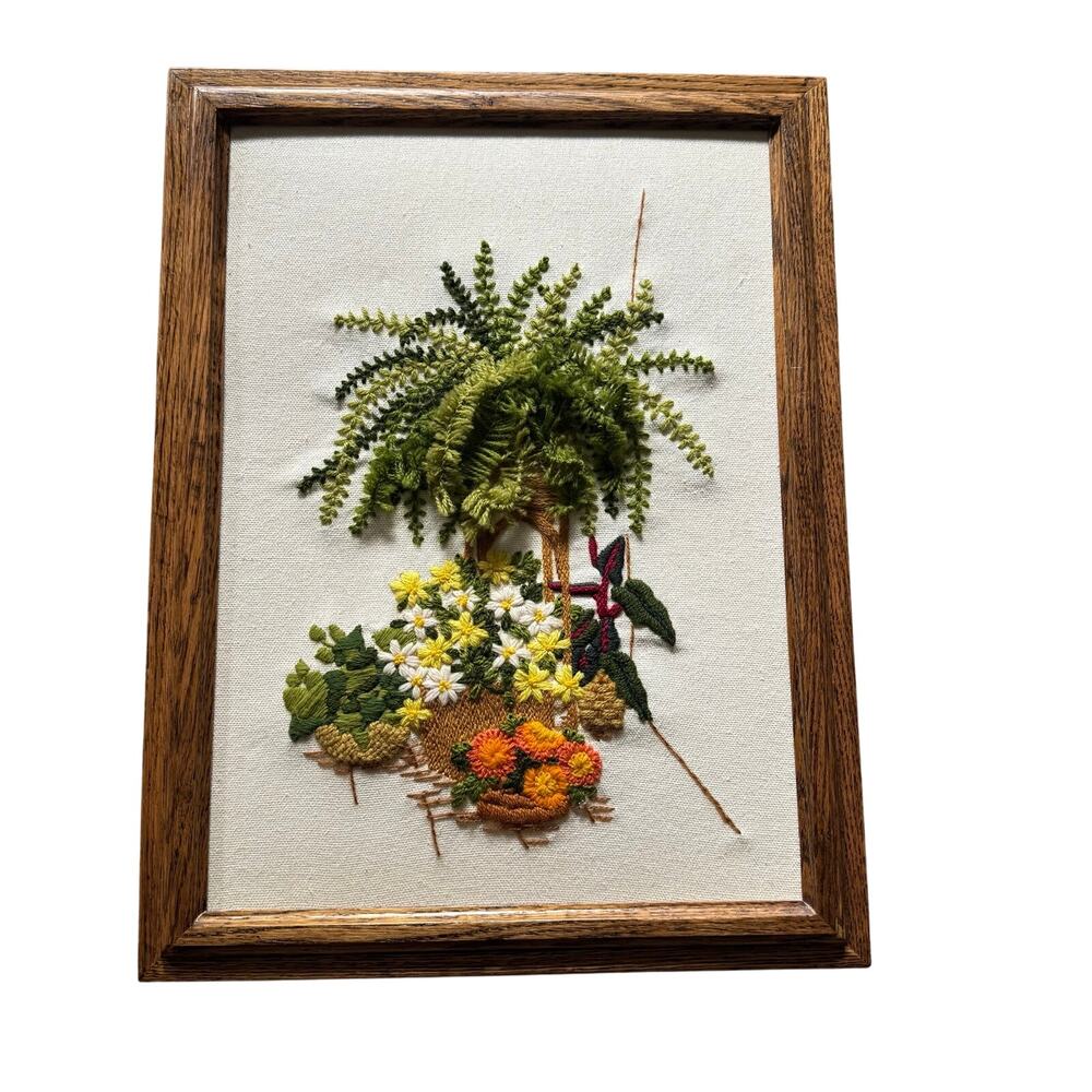 Vintage 1975 Framed Boston Fern Flowers 3D Crewel Embroidery Sunset Stitchery